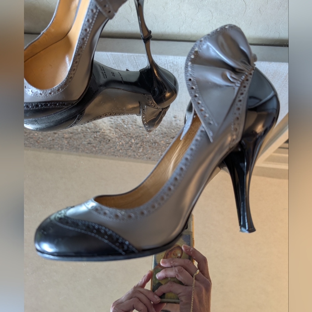 Miu Miu Grey/Black Patent Leather Brogue Platform Pumps - Picture 8 of 16